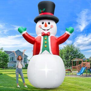 ⚡12FT Christmas Inflatable Snow Man Wear Magic Hat & Red Suit Outdoor Decoration